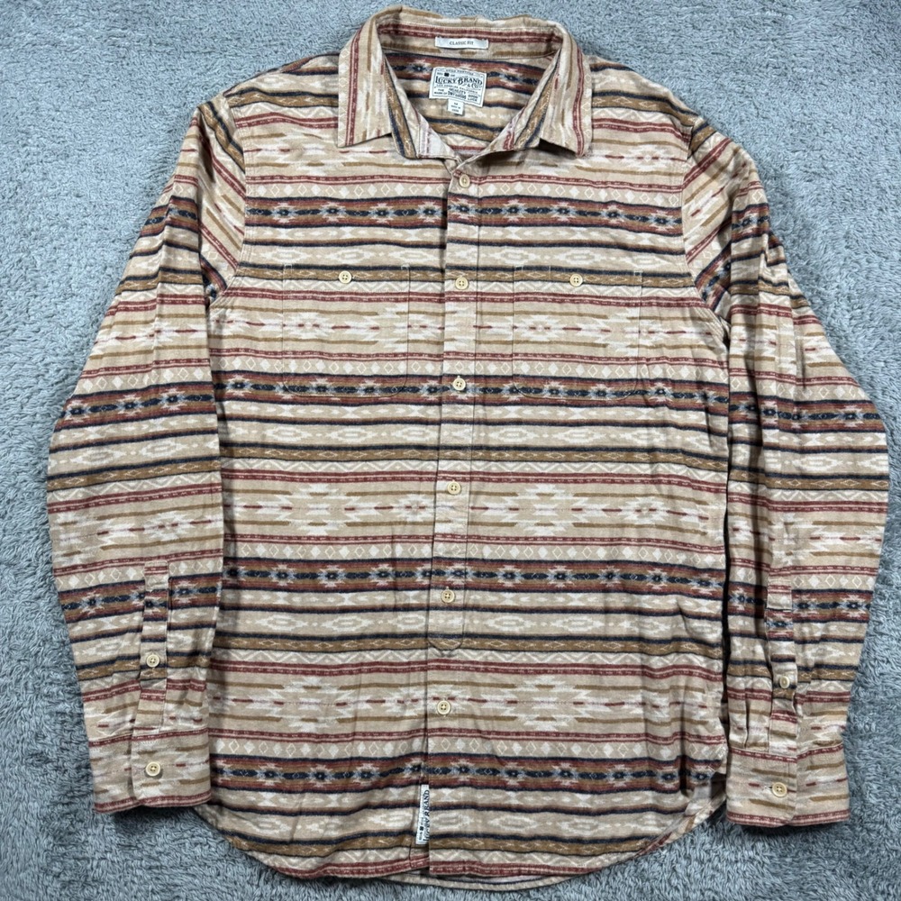 Lucky Brand Flannel Shirt Mens Medium Tan Southwestern Aztec Classic Fit Cowboy